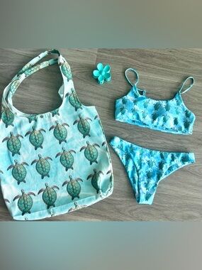 Sea Turtle Print Aqua Bikini Set with Matching Tote
